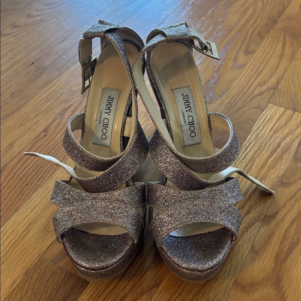 Jimmy Choo Glitter Platform Wedge Sandals - Rose Gold - Picture 2 of 4